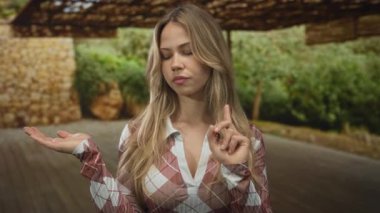 Tahta pergola altında açık avuç tutan kadın; belirsizlik içgözlem sorgulaması.