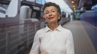 Gri saçlı yaşlı kadın güvertede gülümsüyor, açık deniz yolculuğunun keyfini çıkarıyor doğal ışıkla, huzurlu bir deniz manzarasının ortasında neşeli ifadesini aydınlatıyor..