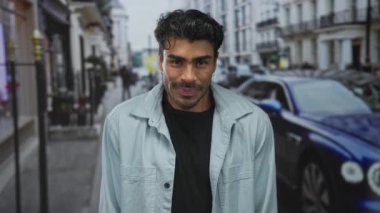 Açık renk kot gömlekli genç adam kalabalık bir şehir sokağında kameraya sıcak bir şekilde gülümsüyor..