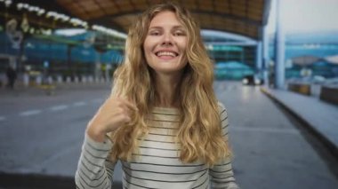 Bir kadın kendini havaalanı terminalinde gösterirken gülümseyen ve dostça bir jest yapan sarışın genç bir gezgin olarak kendini gösterir..