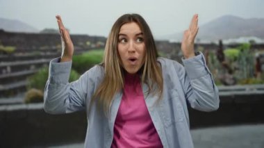 Parkta şaşırmış bir ifadeye sahip genç bir kadın gün ışığında canlı bir şekilde yakalanmış. Yumuşak bir odak ile canlı duruşu etrafındaki doğal manzarayı güçlendiriyor..