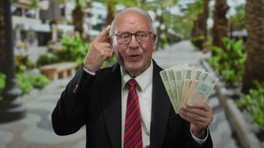 Üst düzey bir adam elinde Czech Koruna banknotları, gözlüklü ve takım elbiseli, parmaklarıyla kafaya dokunuyor, sokak düzeninde akıllı finansal tavsiyeler veriyor..