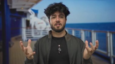 Okyanus zeminine karşı düşünceli bir ifadeyle güvertede dikilen sakallı genç İspanyol adam seyahat ve iç gözlem ruhunu denizden yakalıyor..