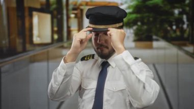 Pilot üniformalı genç adam sokakta yumruklarıyla poz veriyor, şehir ortamında kararlılık ve kendine güveni somutlaştırıyor..