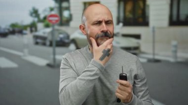 Kentsel caddede elinde arabanın anahtarı olan bir adam. Sakallı, kel ve elleri dövmeli. Yolda ve arabaların yanında günlük süveter giyiyor.