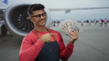 Havaalanı terminalinde bize dolar tutan ve arka planda seyahat ve zenginlik kavramını gösteren günlük giysiler içinde gülümseyen ve parayı işaret eden bir adam..