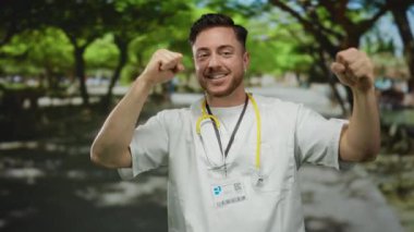 Sakallı genç bir doktor, açık hava parkında, beyaz önlük ve steteskop giyip güvenle gülümsüyor..