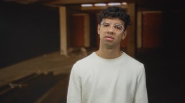 Gözlüklü adam kafası loş tamamlanmamış bina içinde eğik; belirsizlik içsel gerginlik şüphesi.