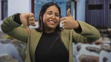 Gözlük takan bir kadın, belirsiz bir jestle, ifadesindeki belirsizliği ve karışık duyguları göstererek baş parmağını kaldırıyor..