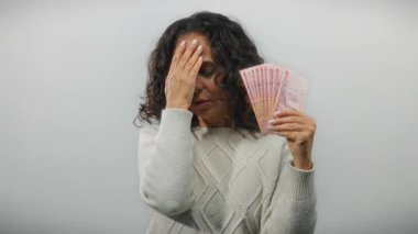 Orta yaşlı bir kadın, elinde Tayland banknotları tutarak yüzünü kapatıyor, beyaz bir duvar arkasında duruyor, endişelerini ya da düşüncelerini dile getiriyor..
