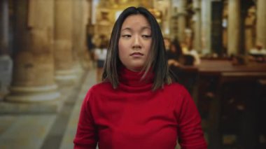 Kırmızılı kadın kilisenin içinde tutkulu bir şekilde konuşuyor. Evin içinde tarihi bir dekorla çevrili..