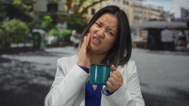 Bardaklı kadın şehirde dolup taşan bir sokakta diş ağrısı çekiyor..