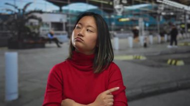 Şehir caddesinde kırmızı kazak giyen genç bir kadın kolları çapraz veya çenesi arka planda dinlenen düşünceli biri gibi görünüyor.