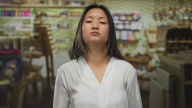 Perakende mağazasında yemin eden genç bir kadın, kıyafetlerle çevrili, canlı bir iç mekan ortamında kararlılık ve güven gösteriyor..