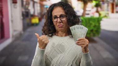 Şehrin dışında orta yaşlı bir kadın elinde kirli paralarla baş parmağıyla yan tarafı işaret ederken kafası karışmış bir ifadeyle....