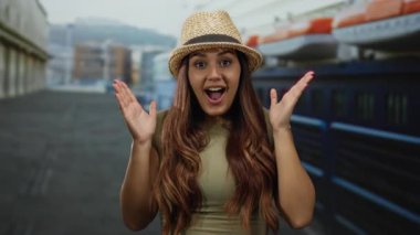 Limanda gülümseyen bir kadın, şapka takıyor, eller havada, neşe ifade ediyor, arka plan bulanık botlar ve sanayi bölgesi, neşeli İspanyol havası yakalıyor..