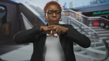 Genç kadın tavan penceresinin altındaki geniş, modern alışveriş merkezinde yürüyen merdivenin yanındaki dudaklara yumruk sallıyor; endişe.