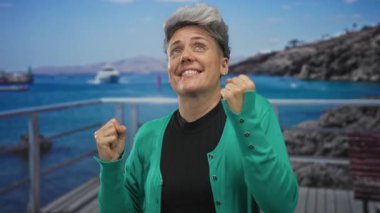 Kısa gümüş saçlı bir kadın stüdyoda yumruklarını sıkıyor ve gülümsüyor. Tekne arkaplanı ve deniz manzaralı. Heyecan verici..