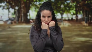 Açık hava parkında egzersiz yapan bir kadın odaklanmış ifadeyle ağaçların gölgesinde doğa ile çevrili sakin bir ortamda azim ve güç gösteriyor..