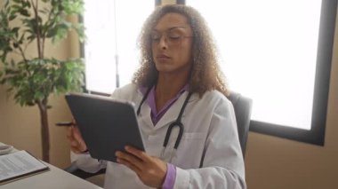 Steteskoplu kadın doktor klinik binasında tablet tutuyor. Hasta kayıtlarını inceliyor..