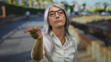 Son sınıf öğrencisi, gri saçlı, parmaklarıyla hayır işareti yapan bir kadın. Sokakta öylesine dikilmiş, vücut dili ve duygularını gözler önüne seriyor..