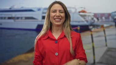 Orta yaşlı sarışın kadın, limandaki bir sokağa kenetlenmiş kırmızı bir teknenin yanında baş parmağını kaldırıyor. İyimserlik..