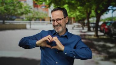 Mavi gömlekli bir adam güneşli şehir sokağında ağaçlarla ve bulanık arka planla gülümsüyor. Bu da açık havada neşeli bir ortam ve odakta olgun İspanyol bir erkek olduğunu gösteriyor..