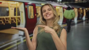 Canlı bir tren istasyonunda hareketli ve gülümseyen bir kadın demiryolu arkaplanı, pozitifliği ve kentsel seyahat enerjisini somutlaştıran.