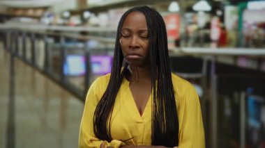 Örgü örgülü bir kadın alışveriş merkezinde sarı bir bluz giyerek duruyor. Kapalı alanda yoğun bir arkaplan karşısında tefekküre dalıyor..