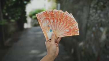 Beyaz adam Filipin pesolarını şehir sokaklarında sergiliyor, canlı banknotları vurguluyor, şehir zemininde finans temaları ve kültürel unsurları enine boyuna tasvir ediyor..