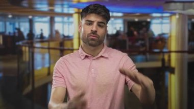 İspanyol adam otel lobisinde elleri kıvrımlı korkulukların yanında pembe polo tişört giyerek mola veriyor..