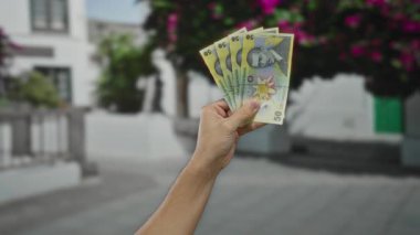 Bir şehir ortamında Romen lei banknotlarını elinde tutan adam, para ve ellere net bir şekilde odaklanmış bir şekilde şehir sokaklarında para gösteriyor..