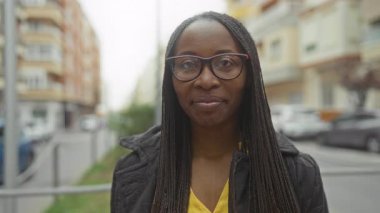 Gözlüklü ve örgülü bir kadın şehir caddesinde duruyor, gülümsüyor ve parmakları dudaklarında şşşş hareketi yapıyor, şehirde samimi bir anı yakalıyor..