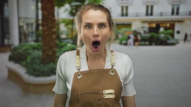 Şehir sokaklarında önlük takan beyaz, sarışın genç bir kadın. Şaşırmış bir ifadeyle şehir yeşilliği ve binalarla çevrili..