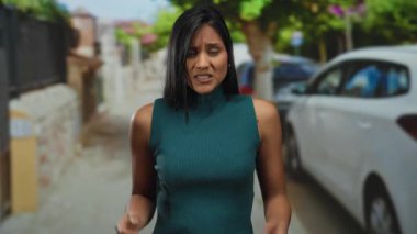 Sokakta ağaçlar ve arabalarla dikilen genç bir kadın açık bir şehir ortamında düşünce ve duygu aktarıyor..