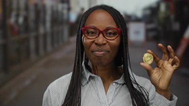 Şehir sokaklarında Bitcoin tutan kadın gözlüklü ve çizgili gömlekli şehir ortamında kripto para sergiliyor..