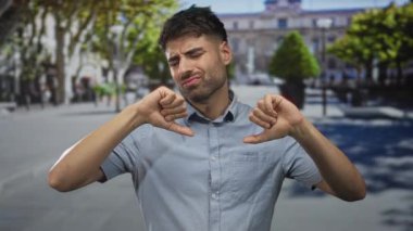 İspanyol adam şehir caddesinde gün ortası güneşinin altında bulanık bina cepheleriyle çifte baş parmak hareketi gösteriyor..