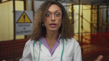 Laboratuvar önlüğü ve steteskop giyen kadın doktor yapı konusunda uyarı işareti olan yapı iskelesinde el kaldırdı;.