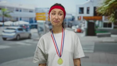 Şehir caddesinde kırmızı saç bandı takmış, yüzünde komik bir ifade olan madalyalı bir kadın..