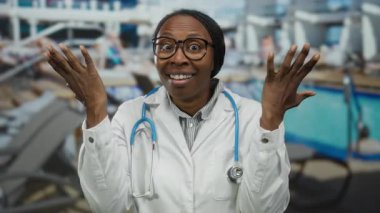 Lüks bir deniz havuzu alanında dışarıda duran kadın doktor. Stetoskop ve açık gökyüzü arka planına sahip güneşli limanda odaklanmış beyaz önlükle kafası karışmış görünüyor.