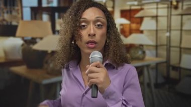 Elinde mikrofon olan ve lamba dükkanında şarkı söyleyen bir kadın..