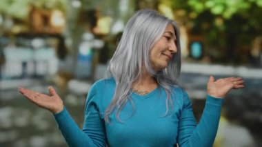 Gri saçlı yaşlı bir kadın, elleri açık dışarıda duruyor, mavi bir kazak giyiyor, bulanık bir sokak arka planına karşı, kendine güveni ve huzuru somutlaştırıyor..