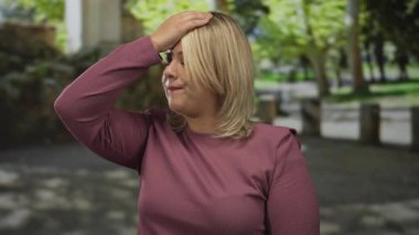 Gündüz vakti tepesinde ağaçlar olan güneşli yeşil bir parktaki taş bir bankın alnına dokunan kadın yorgunluktan bitkin düşüyor..