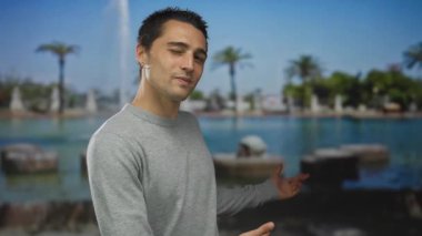 İspanyol adam kollarını geriye doğru uzatıyor gri bir kazak giyip orman ortamında bir taş çeşme sunmak için; kendine güven..