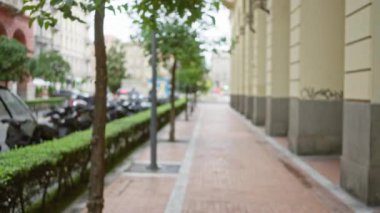 La Spezia, İtalya 'da bulanık bir cadde. Odaklanamayan ağaçlar, binalar ve yürüyüş yolları sessiz bir günde yumuşak bokeh etkisine sahip sakin bir şehir manzarası yaratıyor..