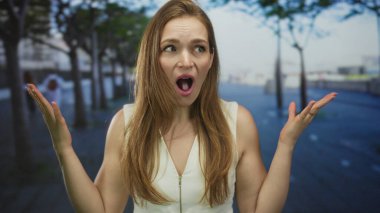 Açık ağızlı, beyaz bluzlu omuzları asfalt kaldırımda omuzları olan şehir sokaklarında ağaçlarla kaplı bir kadın..