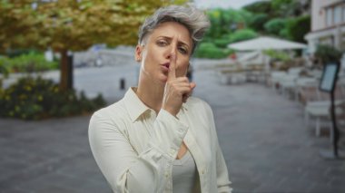 Caddedeki restoran binasının önünde sessiz kalmak için parmaklarını dudaklarına uzatan kısa saçlı kadın, sessizlik..