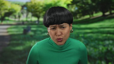 Genç Çinli bir kadın, yeşil bir açık hava parkında, ağaçlar ve çimlerle kaplı, yeşil bir üst giysisi olan, rahatsızlığını dile getiren ve doğal ortamların ortasında duran bir acı hissediyor..