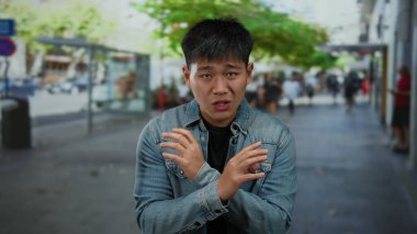 Kot ceket giyen genç adam hareketli şehir caddesinde duruyor, insanların ve ağaçların bulanık geçmişiyle şehir dışında duygularını ifade ediyor..