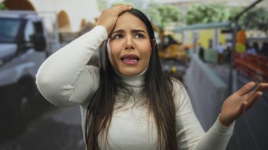 Dışarıda uzun saçlı bir kadın. Arka planda araçları ve binaları olan bir sokakta hayal kırıklığına uğramış görünüyor..